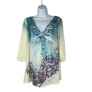 Style & Co Womens M V-Neck Tunic Top Multicolor Swirl Print 3/4 Sleeve